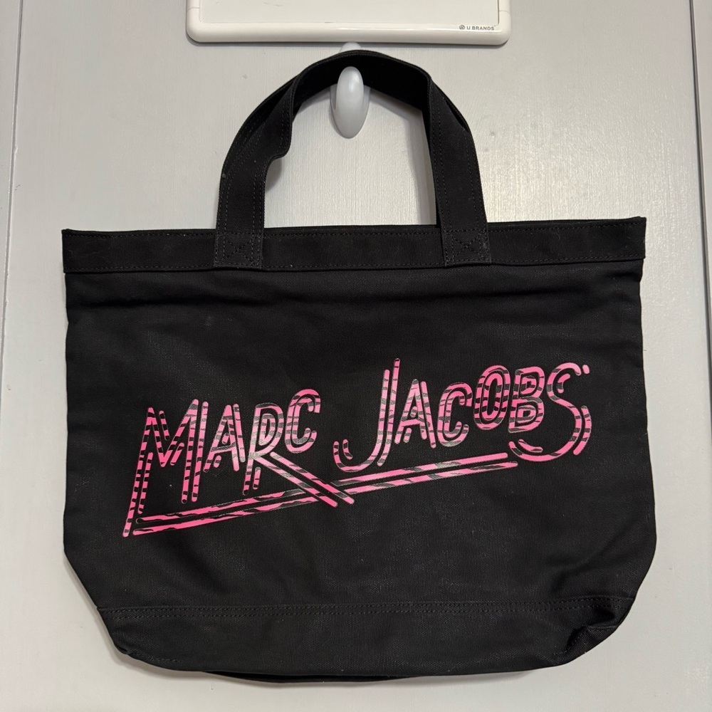 Marc Jacobs Black Canvas Tote with Pink Logo Script